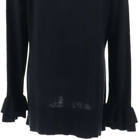 NWT ISAAC MIZRAHI BLACK RUFFLE CREW NECKLINE BELL SLEEVE TUNIC SWEATER LARGE - Picture 7 of 12